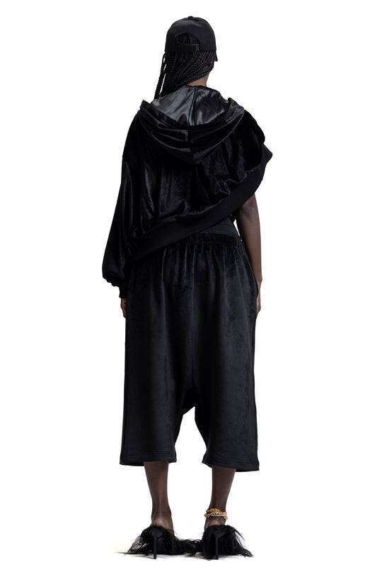 ASYMMETRICAL VELVET HOODIE IN BLACK