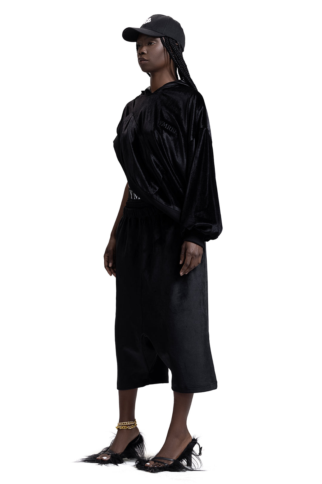 ASYMMETRICAL VELVET HOODIE IN BLACK