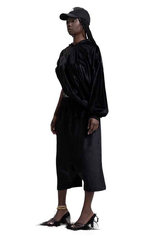 ASYMMETRICAL VELVET HOODIE IN BLACK