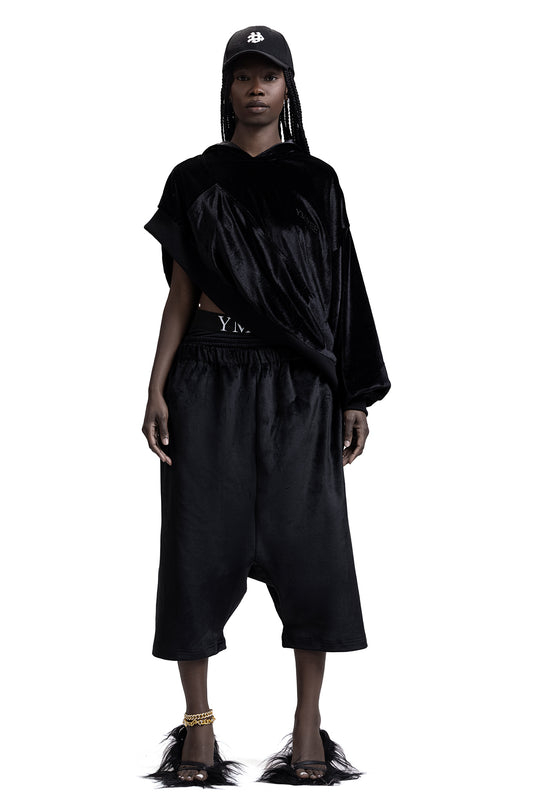 ASYMMETRICAL VELVET HOODIE IN BLACK