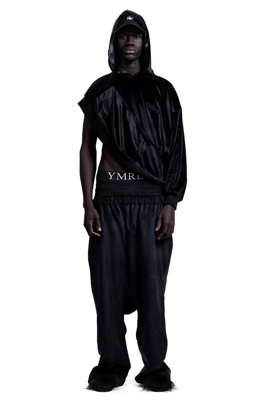 ASYMMETRICAL VELVET HOODIE IN BLACK