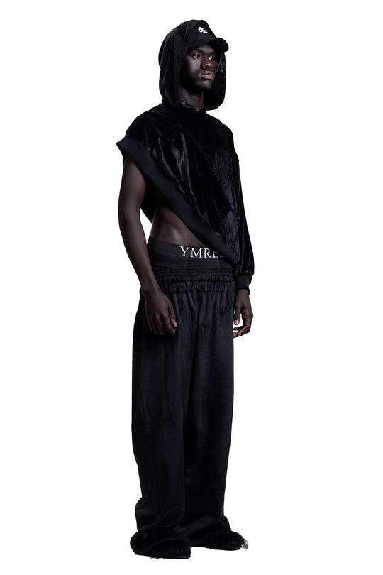 ASYMMETRICAL VELVET HOODIE IN BLACK
