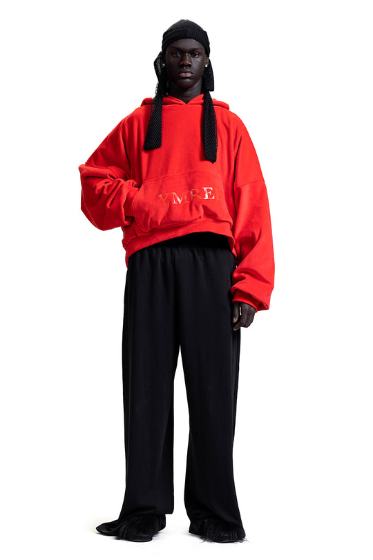 DOUBLE-LINED YMREE VELOUR HOODIE IN SCARLET