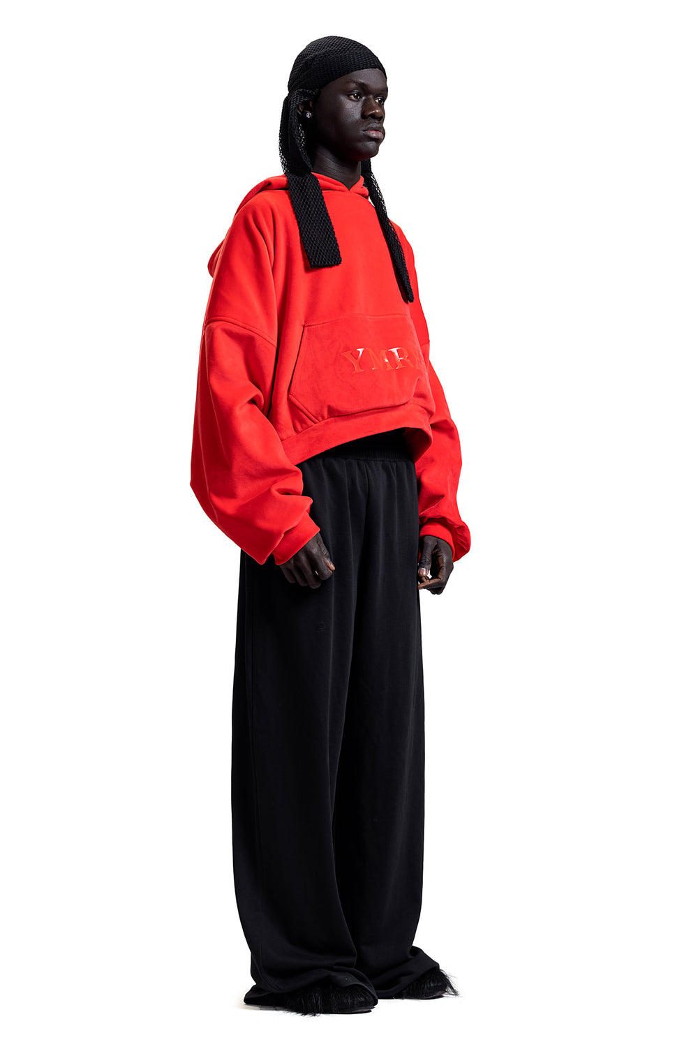 DOUBLE-LINED YMREE VELOUR HOODIE IN SCARLET