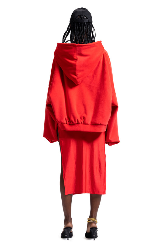 DOUBLE-LINED YMREE VELOUR HOODIE IN SCARLET