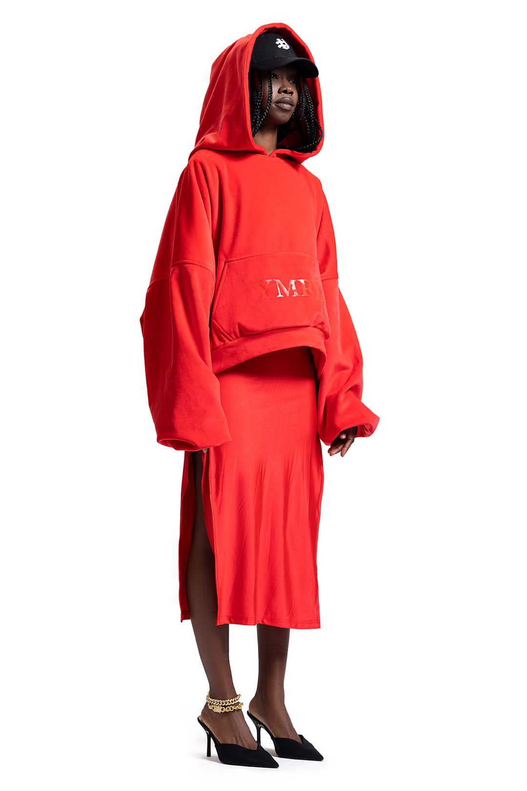DOUBLE-LINED YMREE VELOUR HOODIE IN SCARLET