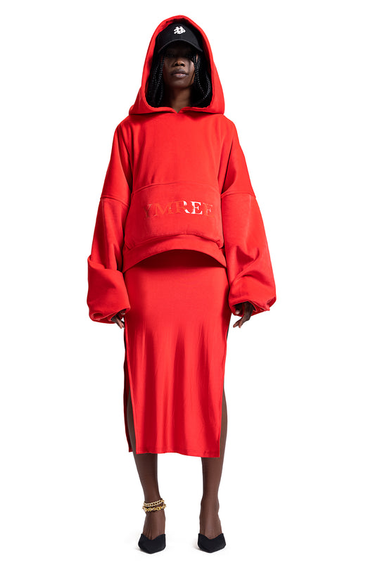 DOUBLE-LINED YMREE VELOUR HOODIE IN SCARLET