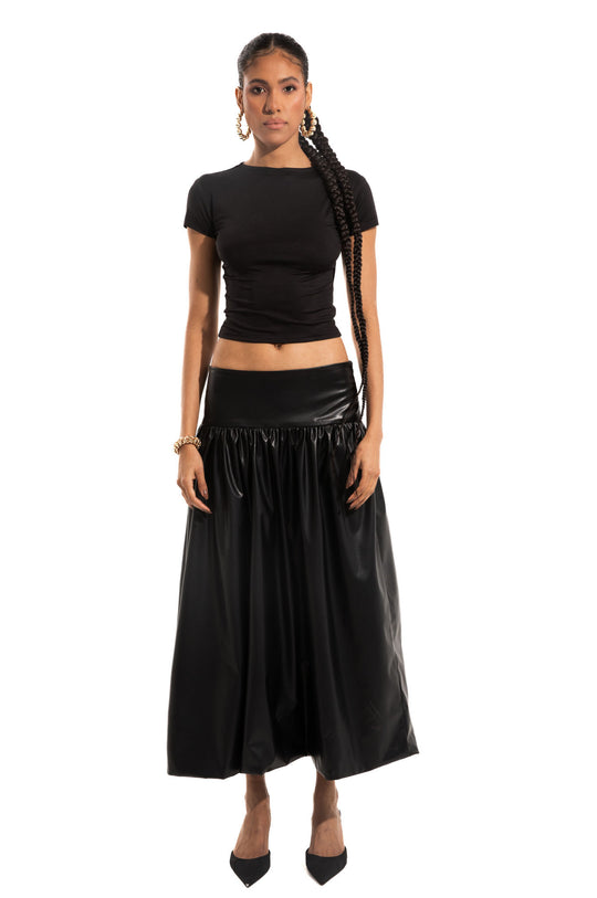 PLEATED LEATHER MAXI SKIRT IN BLACK