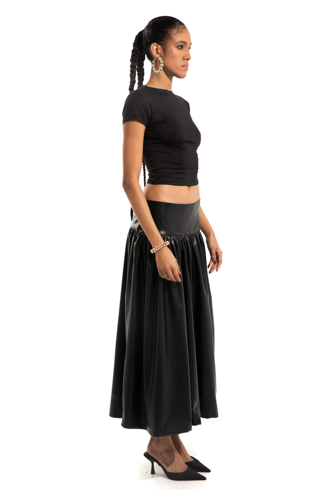 PLEATED LEATHER MAXI SKIRT IN BLACK