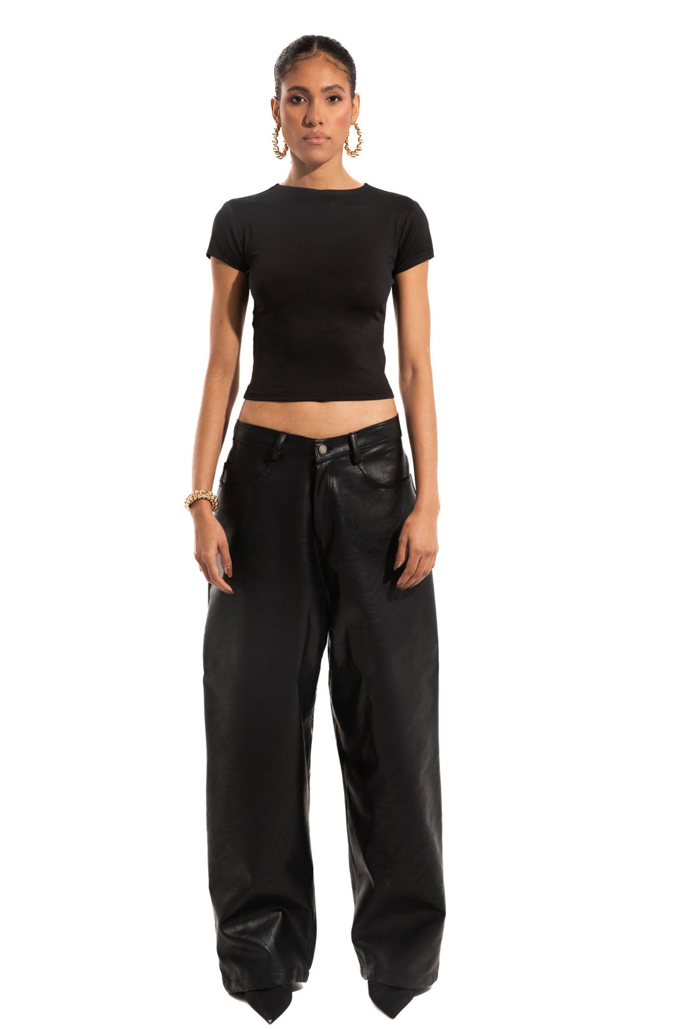 OVERSIZED TEXTURED LEATHER PANTS IN BLACK